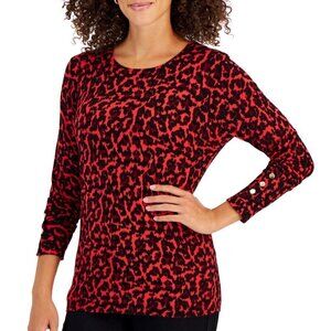JM Collection Petite Large Red Leopard Print Rivet-Detail Sweater NWT